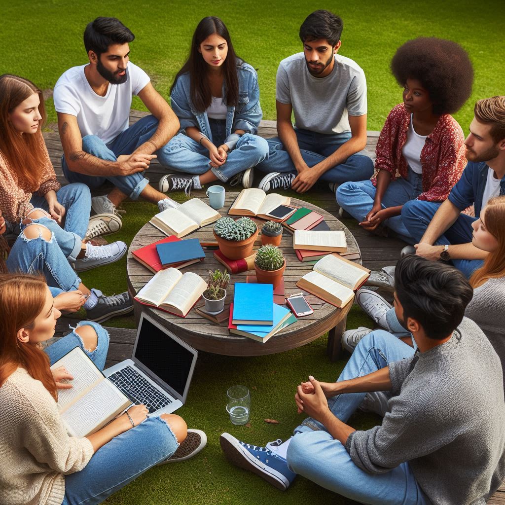 Personas sentadas alrededor de una mesa circular. Tienen libros, plantas y computadoras; están discutiendo algún tema.